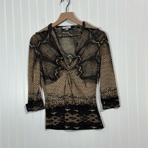 Laura Max PM Top USA Made Y2K Snake Print Mesh Shirt Stretch 3/4 Sleeve Blouse